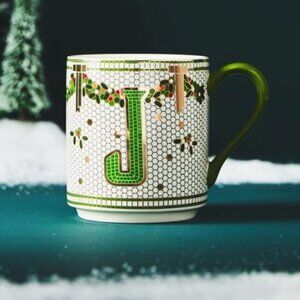 Anthropologie Festive Bistro Tile Stoneware Monogram Mug Letter J Paris Cafe New